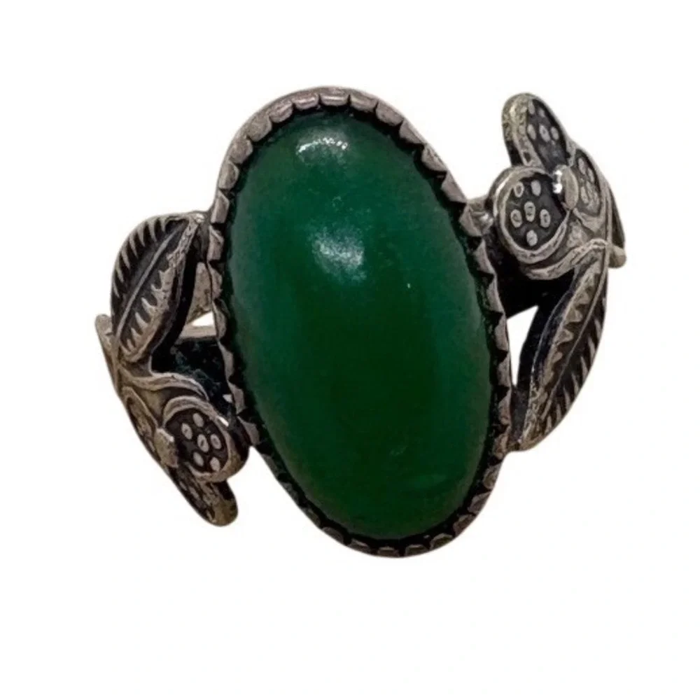 Vintage‎ Sterling Silver Green Stone Floral Leaf Size 6 Ring 3.06g